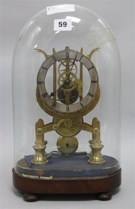 A 19th century brass eight day skeleton timepiece, on stand with a glass dome (the latter broken)